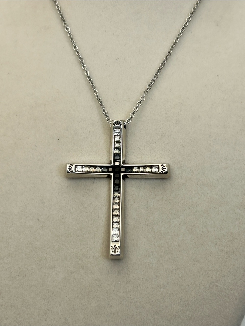 Brighton Spectrum Cross Pendant Necklace Black & Clear Crystals Silver Plated